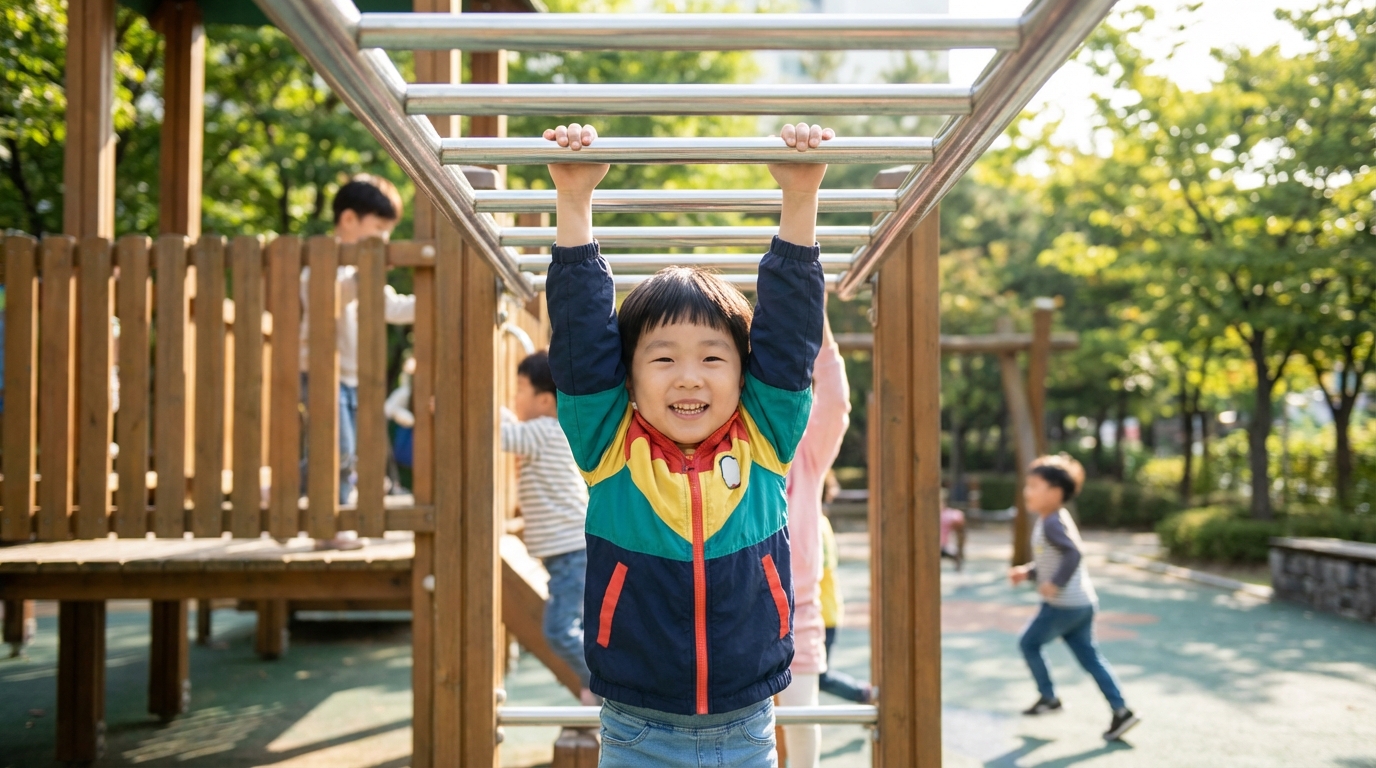 자신감 있게 놀이터에서 노는 아이