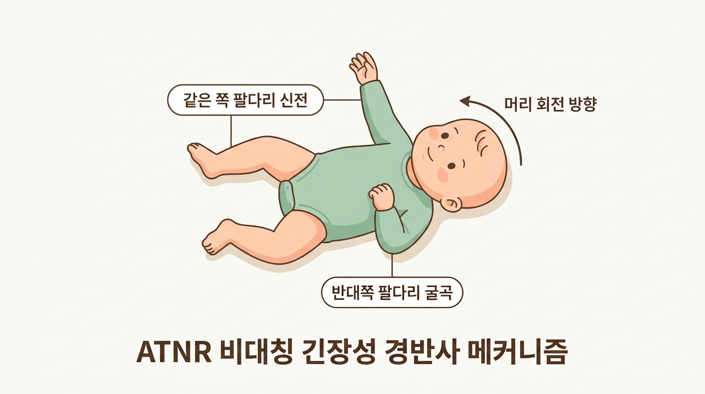 ATNR 펜싱 자세 반사 메커니즘을 보여주는 신생아 머리 회전과 같은 쪽 팔다리 신전 반응 한글 라벨 의료 인포그래픽