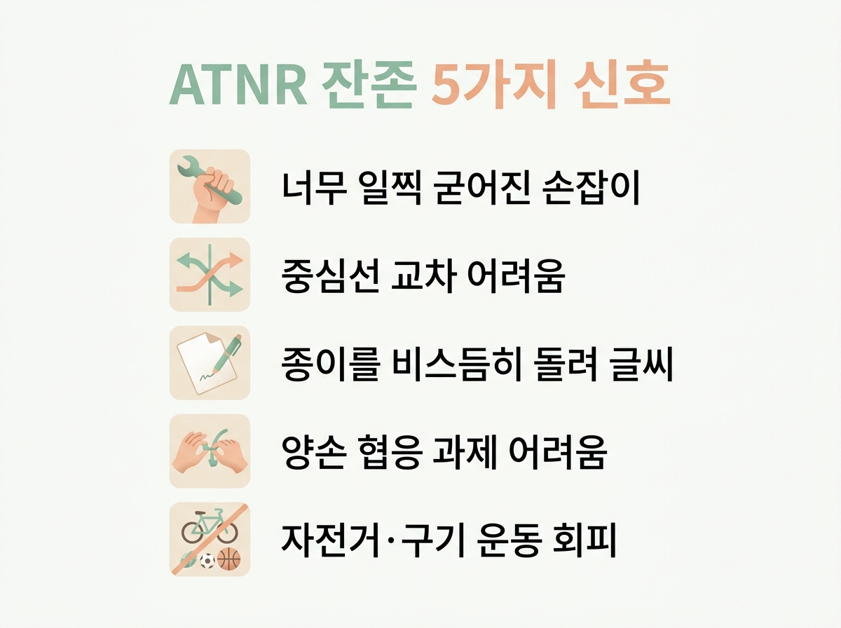ATNR 잔존 5가지 신호 한쪽 손 편향 중심선 교차 어려움 글씨 쓰기 자세 비대칭을 보여주는 체크리스트 한글 라벨 인포그래픽