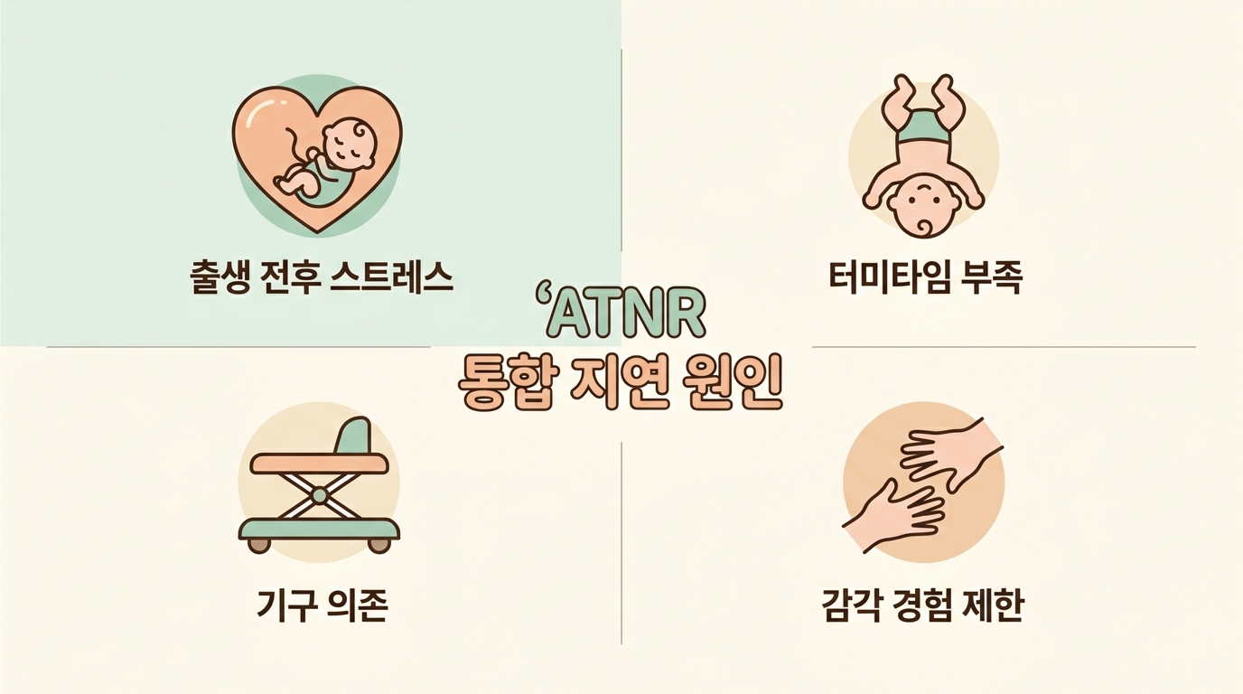 ATNR 통합 지연 원인 출생 전후 스트레스 터미타임 부족 기구 의존 감각 경험 제한 4가지 요인을 보여주는 원인 분석 인포그래픽