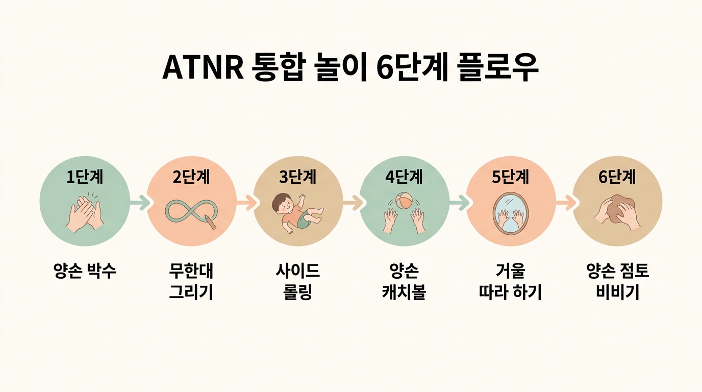 ATNR 통합 놀이 6단계 양손 박수 무한대 그리기 사이드 롤링 양손 캐치볼 거울 따라 하기 단계별 흐름도 한글 라벨 인포그래픽