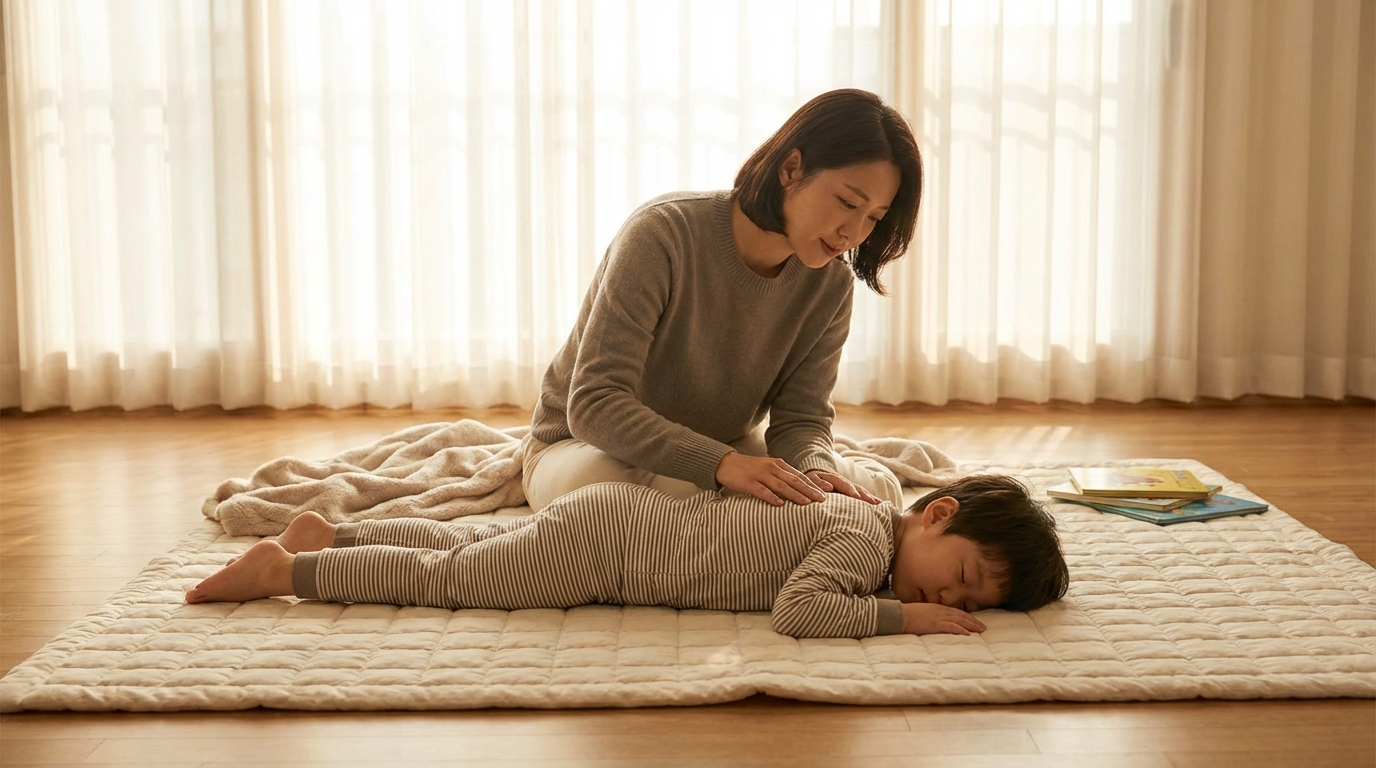 아이의 등을 부드럽게 쓸어내리는 한국인 엄마