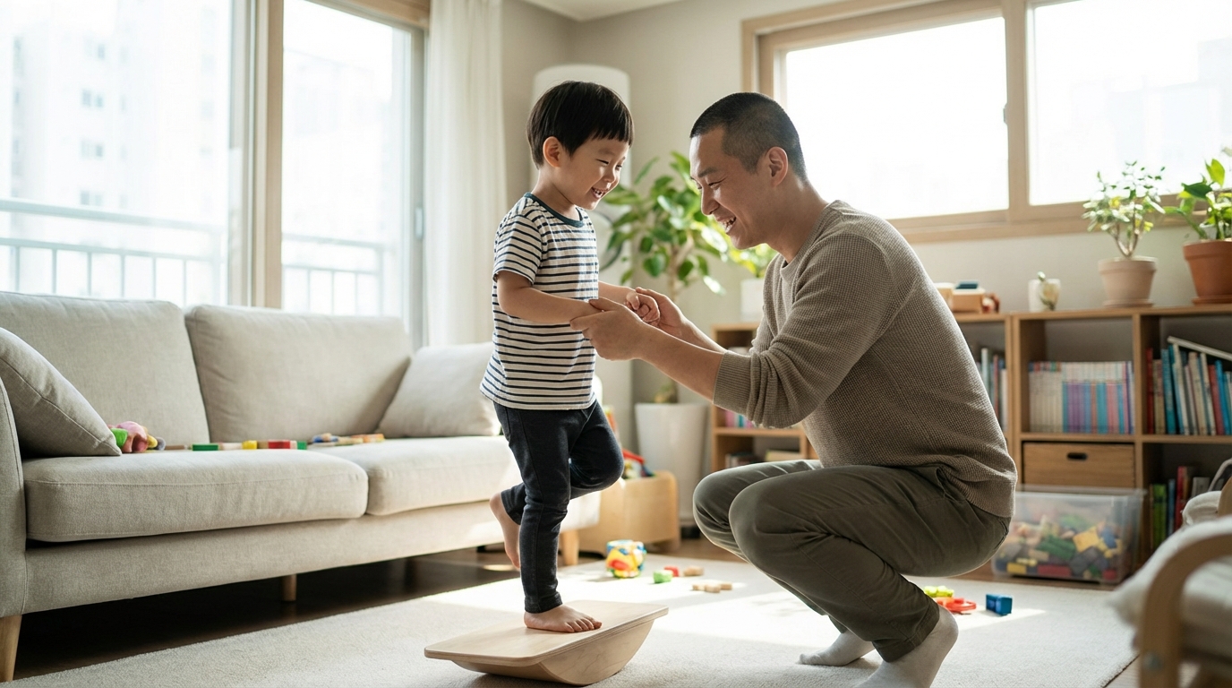 한 발로 서서 균형 잡는 한국인 아이와 아빠