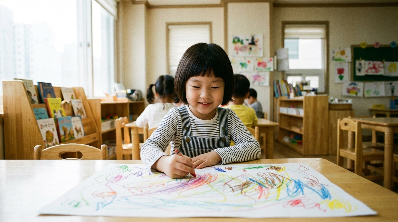 바른 자세로 집중하는 한국인 아이