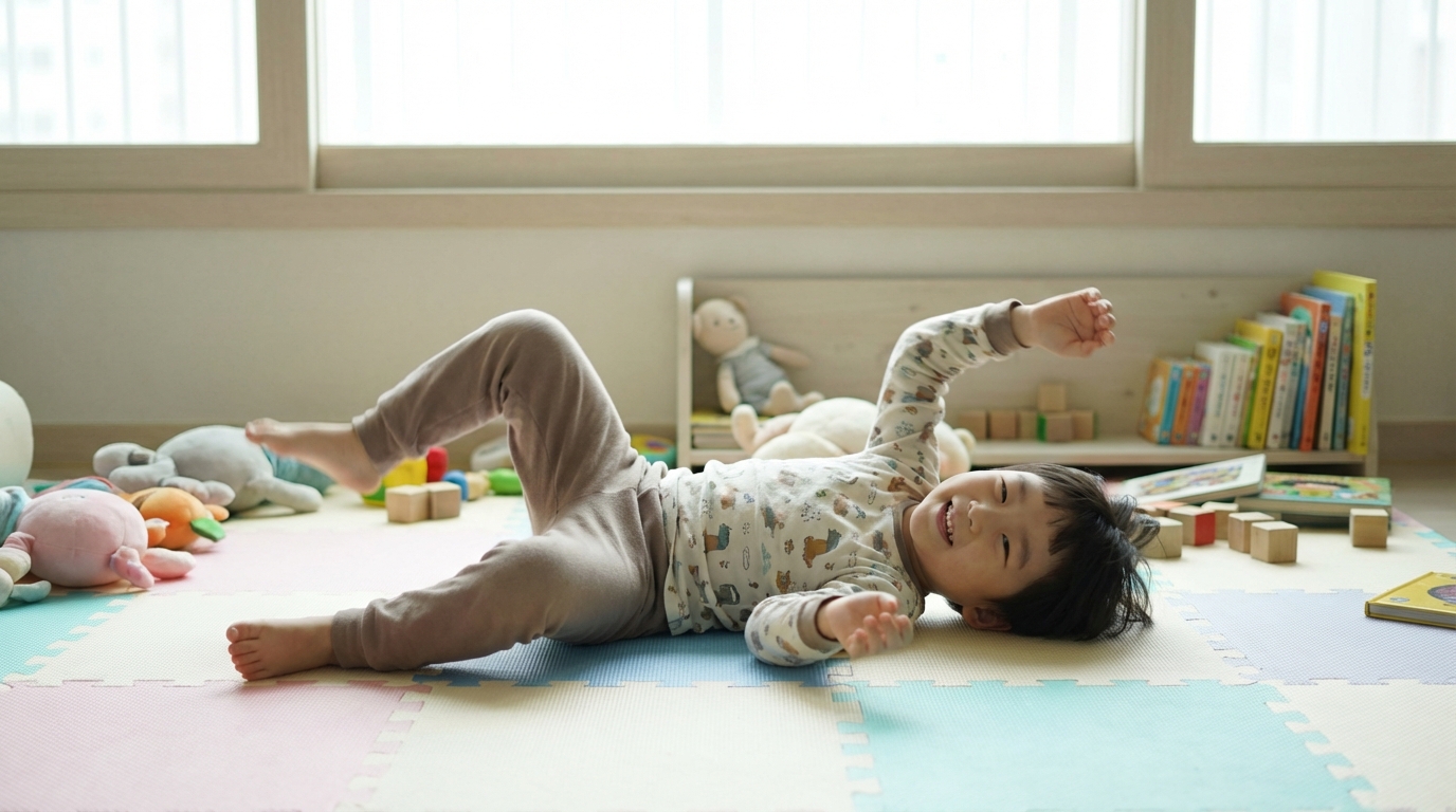 바닥에서 눈 천사 놀이를 하는 한국인 아이