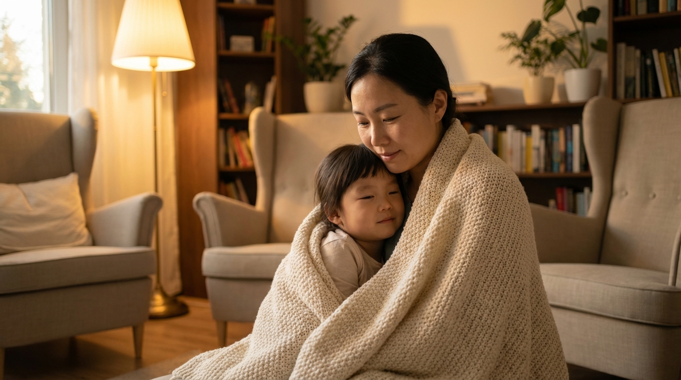 담요로 아이를 감싸는 한국인 엄마
