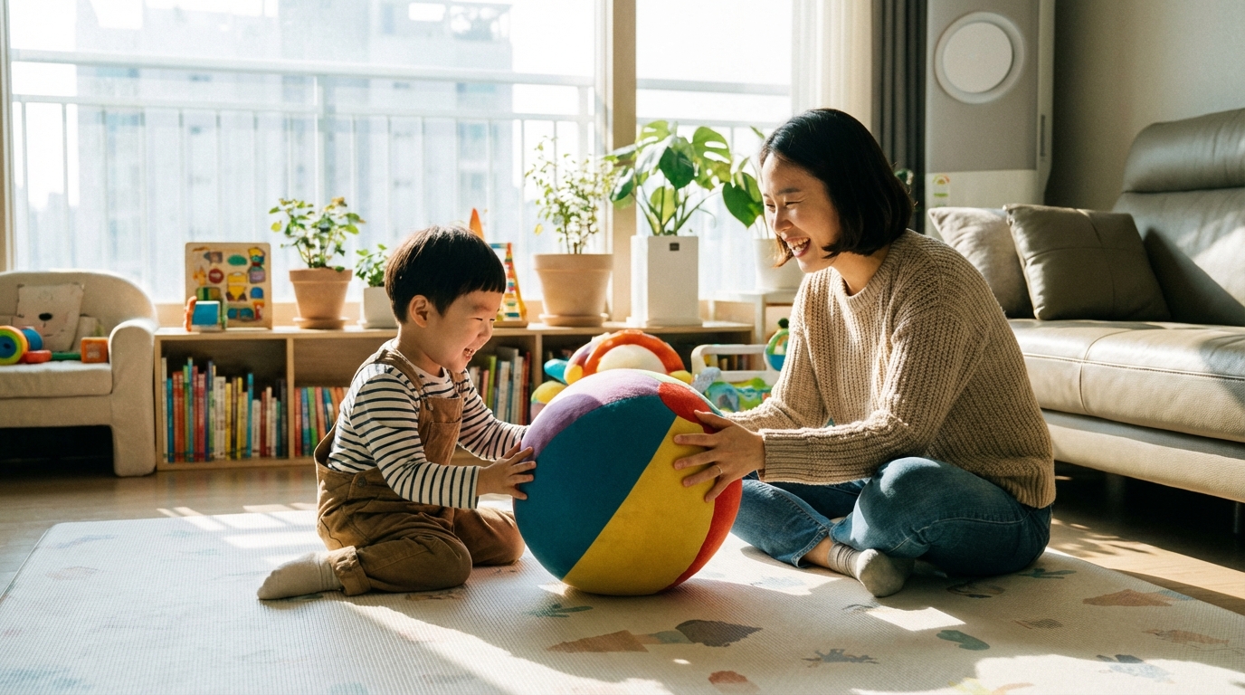부모와 공놀이하는 한국인 아이