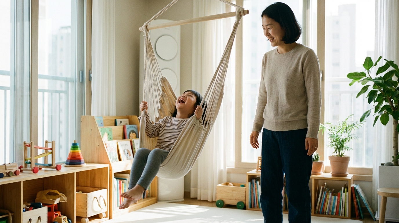그네에서 놀이하는 한국인 아이