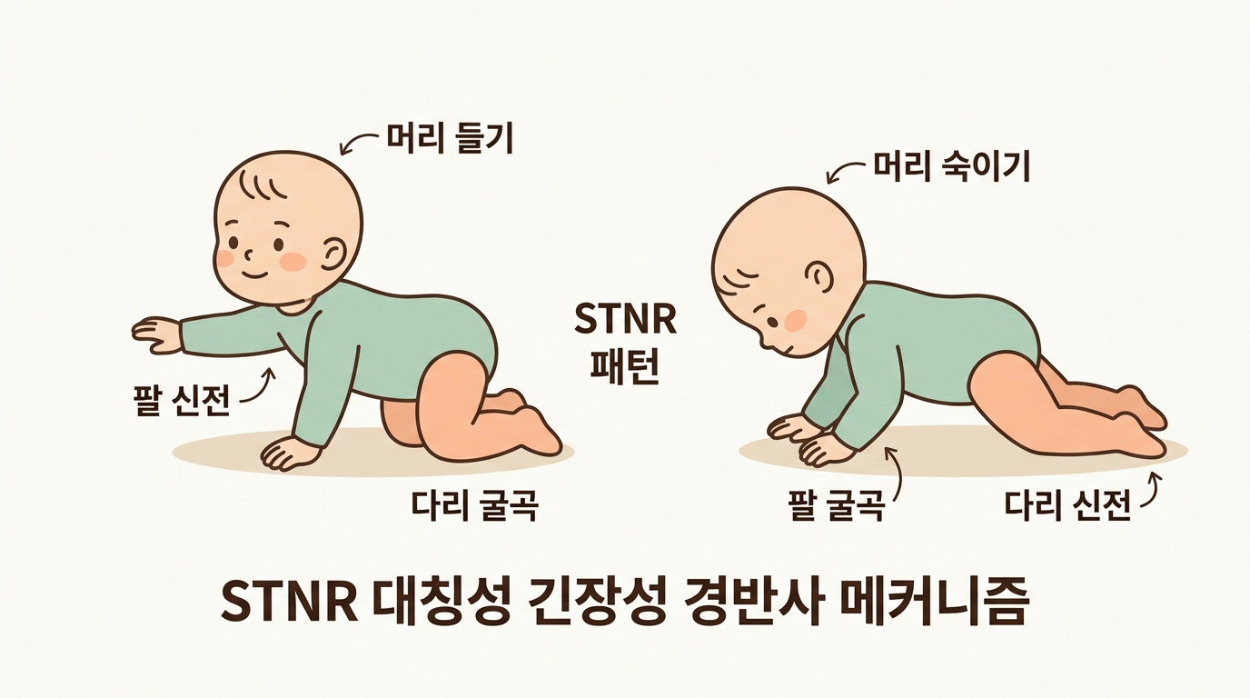 STNR 대칭성 긴장성 경반사 메커니즘 머리 들기 신전과 머리 숙이기 굴곡 패턴 네발기기 단계 한글 라벨 발달 인포그래픽