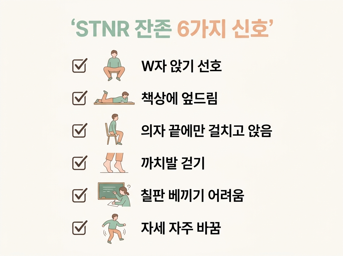 STNR 잔존 6가지 신호 W자 앉기 책상 엎드림 까치발 칠판 베끼기 어려움 한글 라벨 체크리스트 인포그래픽