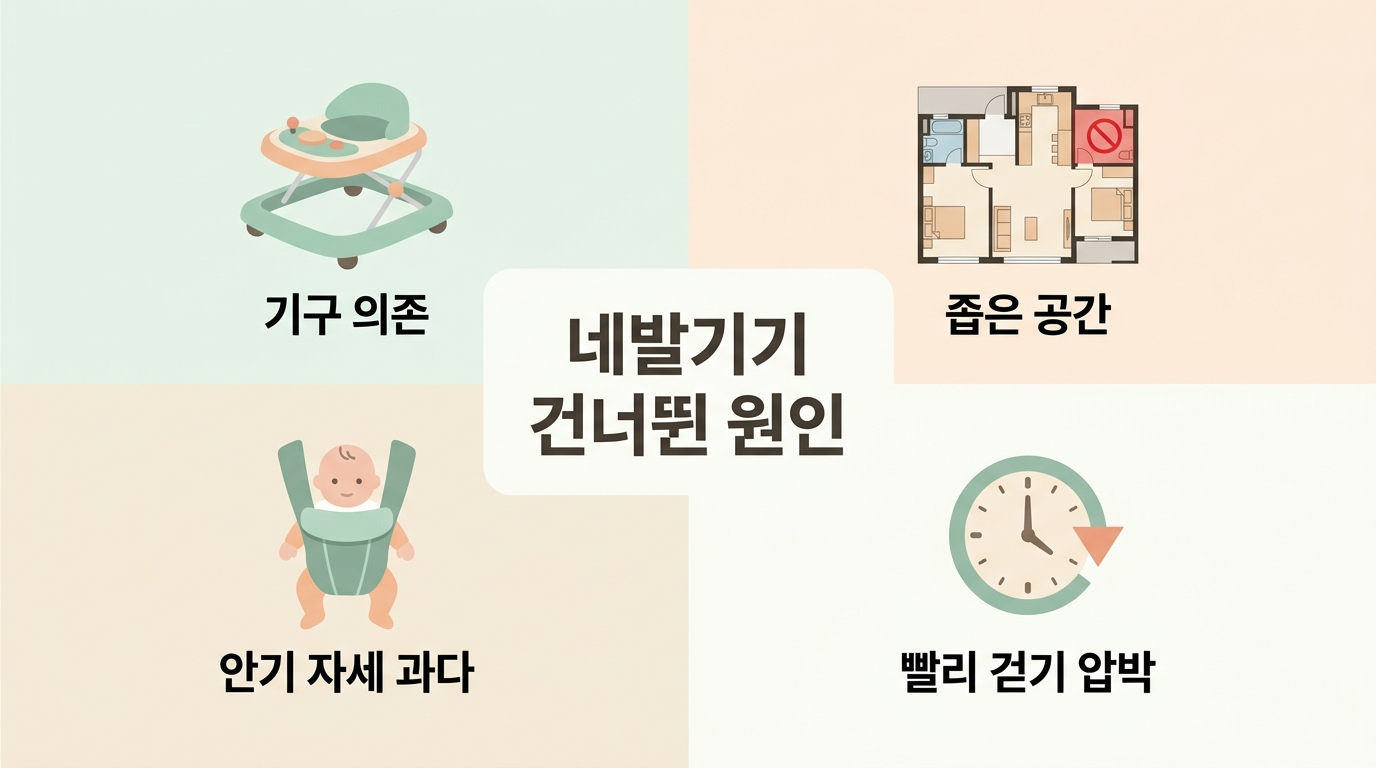 네발기기를 건너뛰는 원인 영아용 기구 의존 좁은 공간 영아 등받이 안기 STNR 통합 지연 4가지 요인 한글 라벨 인포그래픽