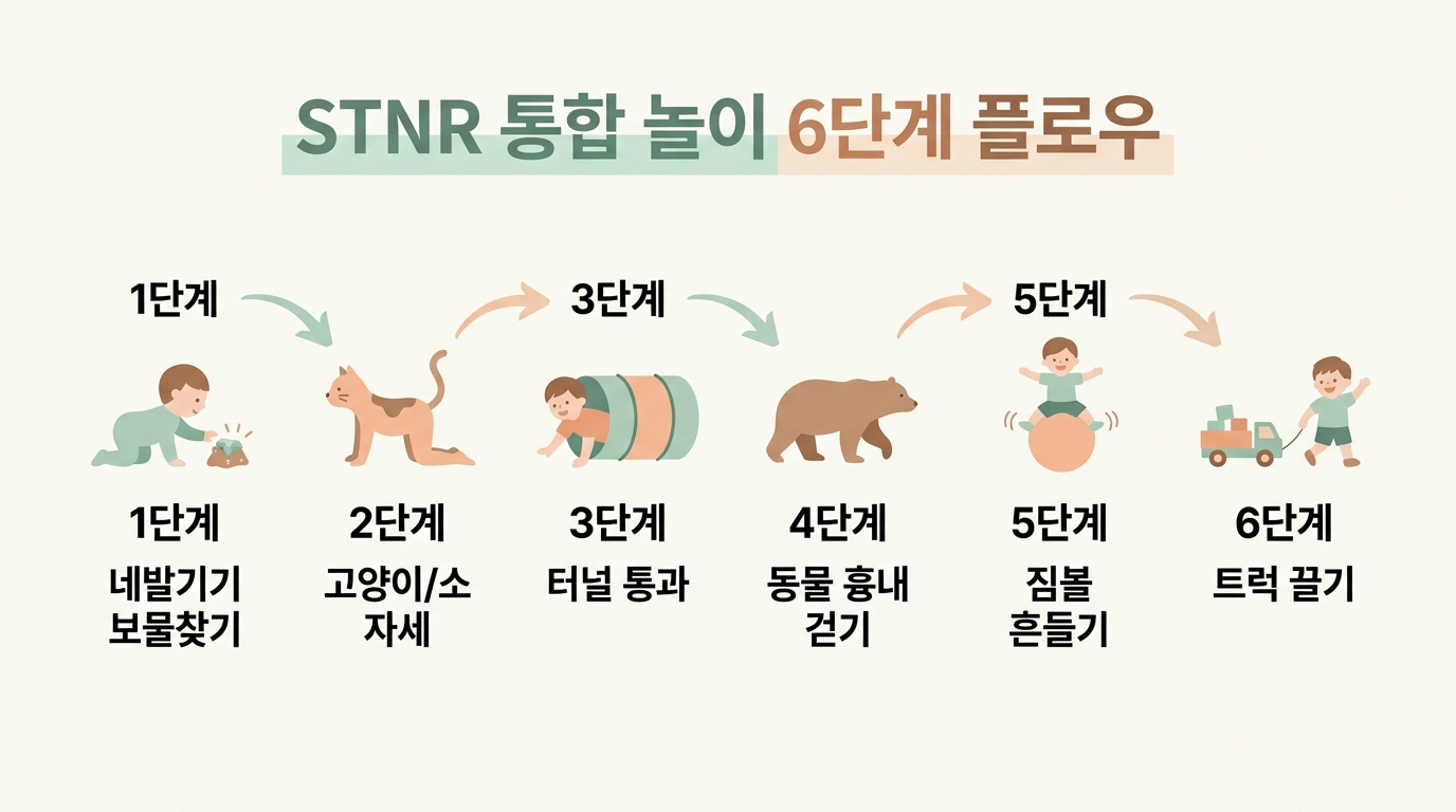 STNR 통합 놀이 6단계 네발기기 고양이 자세 터널 통과 동물 흉내 짐볼 흔들기 트럭 끌기 단계별 흐름도 한글 라벨 인포그래픽