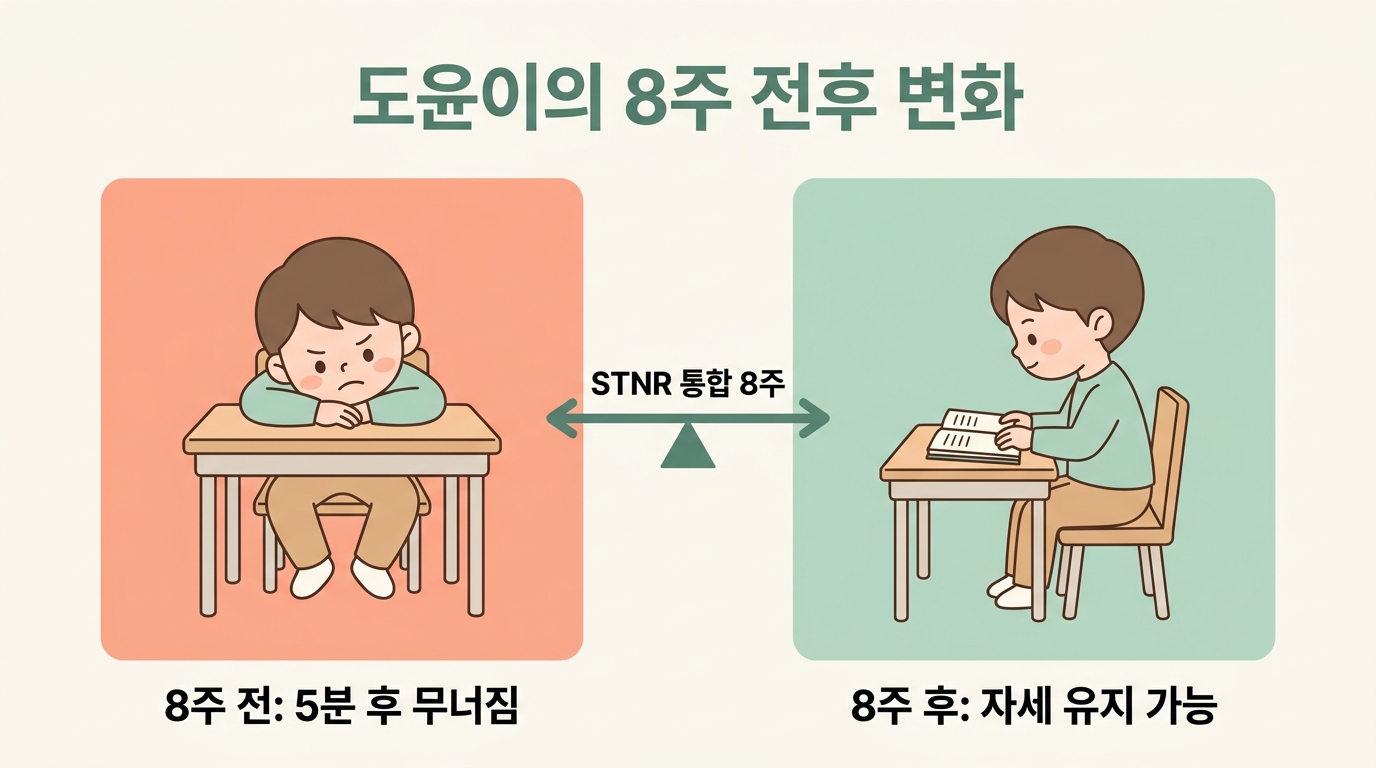 STNR 통합 8주 전후 변화 비교 W자 앉기와 책상 엎드림에서 의자 똑바로 앉기와 자세 유지 가능 일러스트 분할 한글 라벨 비교 인포그래픽