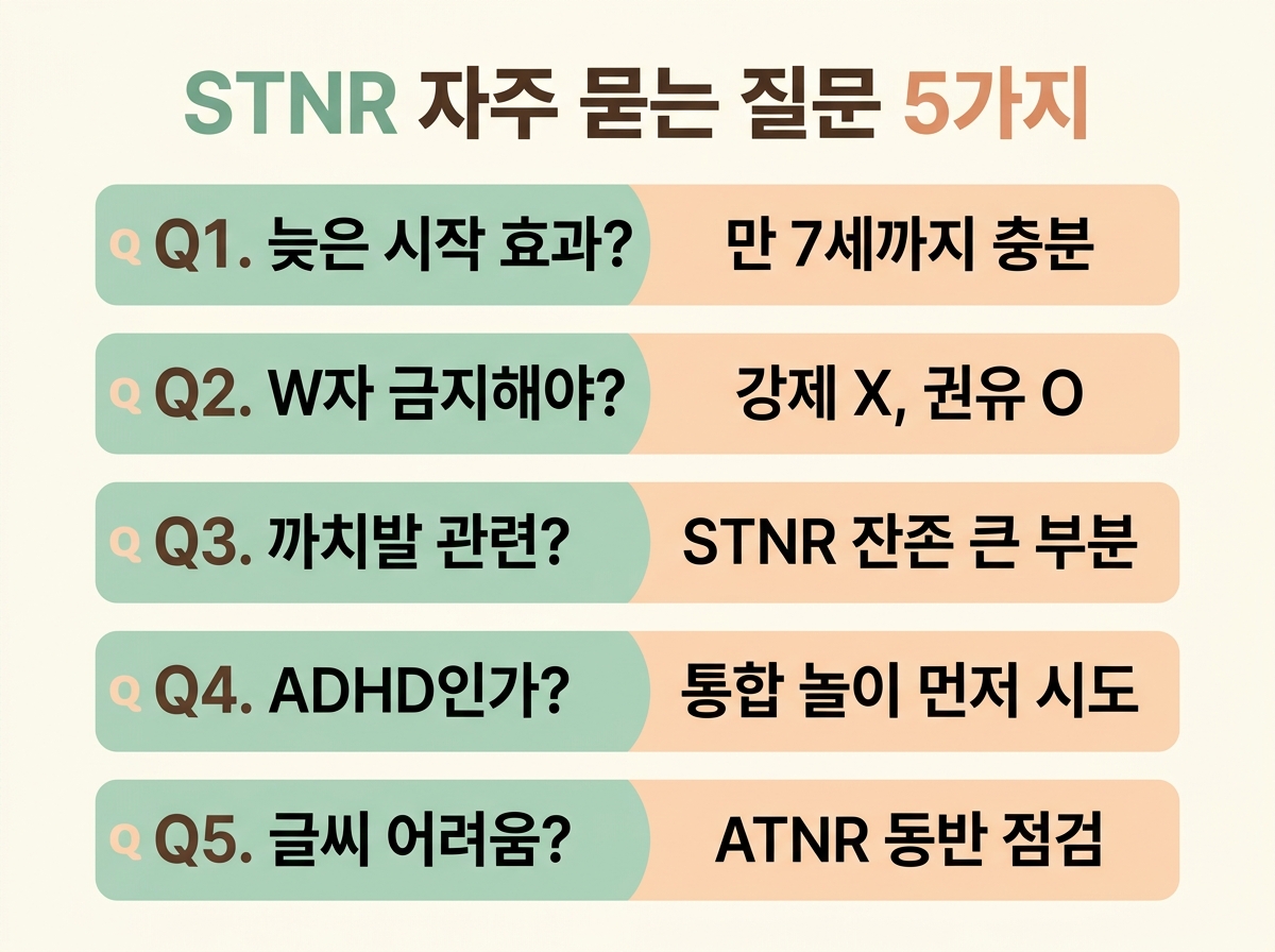 STNR 잔존 자주 묻는 질문 5가지 핵심 답변 정리 늦은 시작 W자 까치발 ADHD 글씨 학습 어려움 한글 라벨 Q&A 인포그래픽