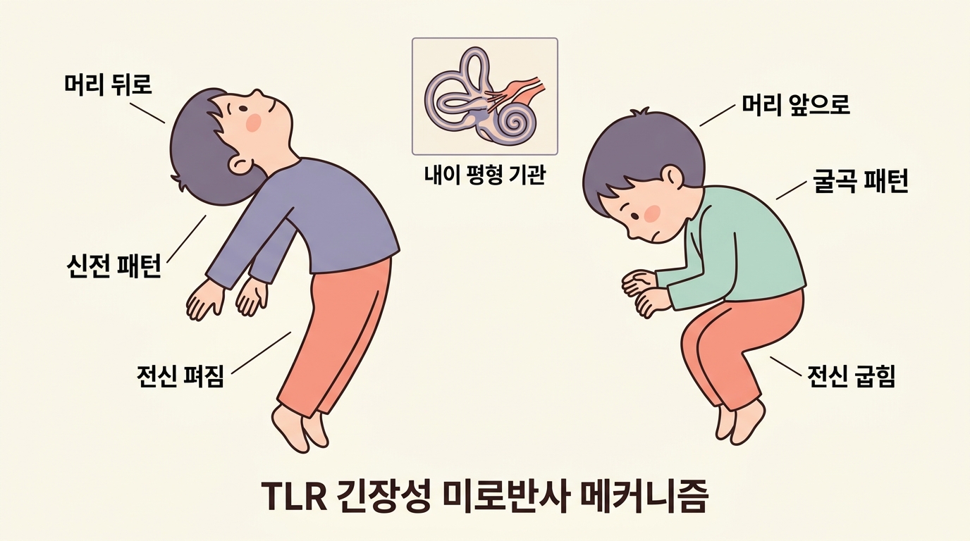 TLR 긴장성 미로반사 메커니즘 머리 뒤로 젖히기 신전 패턴과 머리 숙이기 굴곡 패턴 귀 안쪽 평형 기관 한글 라벨 의료 인포그래픽