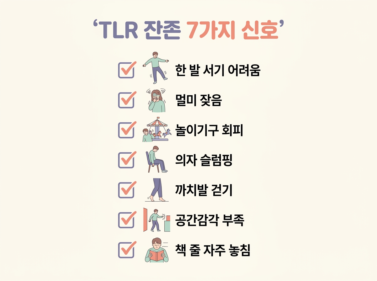 TLR 잔존 7가지 신호 한 발 서기 멀미 놀이기구 회피 슬럼핑 까치발 공간감각 부족 시지각 한글 라벨 체크리스트 인포그래픽