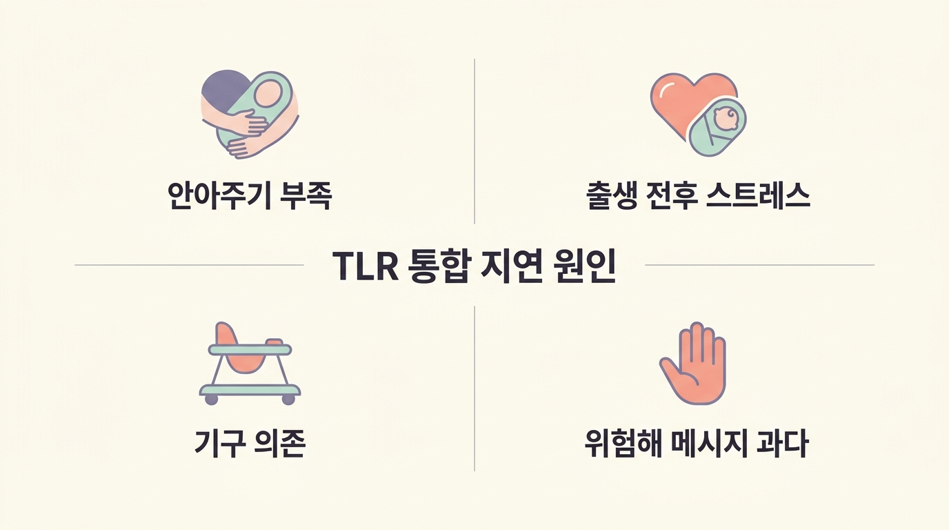 TLR 통합 지연 원인 영아기 안기 자세 전정 자극 부족 출생 전후 스트레스 영아용 기구 의존 4가지 요인 한글 라벨 인포그래픽