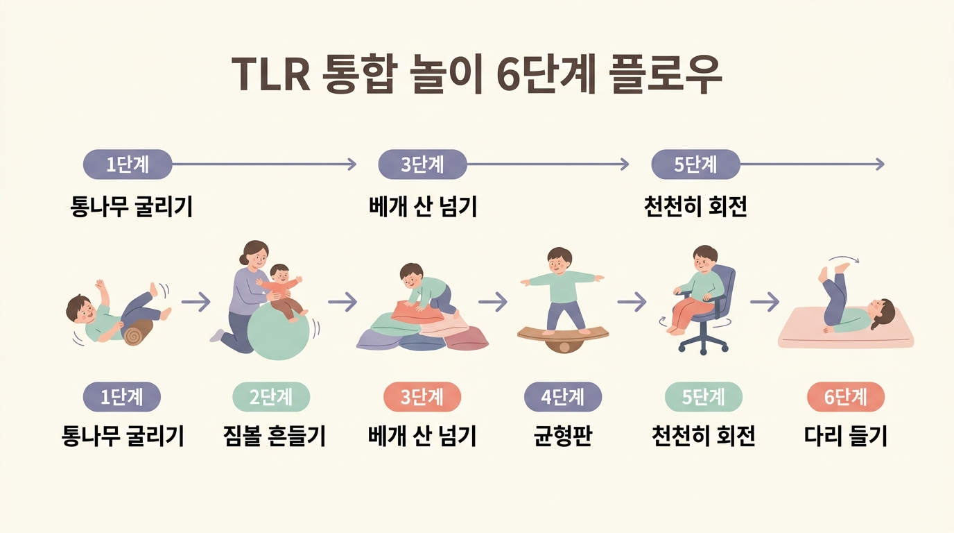 TLR 통합 놀이 6단계 통나무 굴리기 짐볼 흔들기 베개 산 균형판 천천히 회전 거꾸로 다리 들기 단계별 흐름도 한글 라벨 인포그래픽
