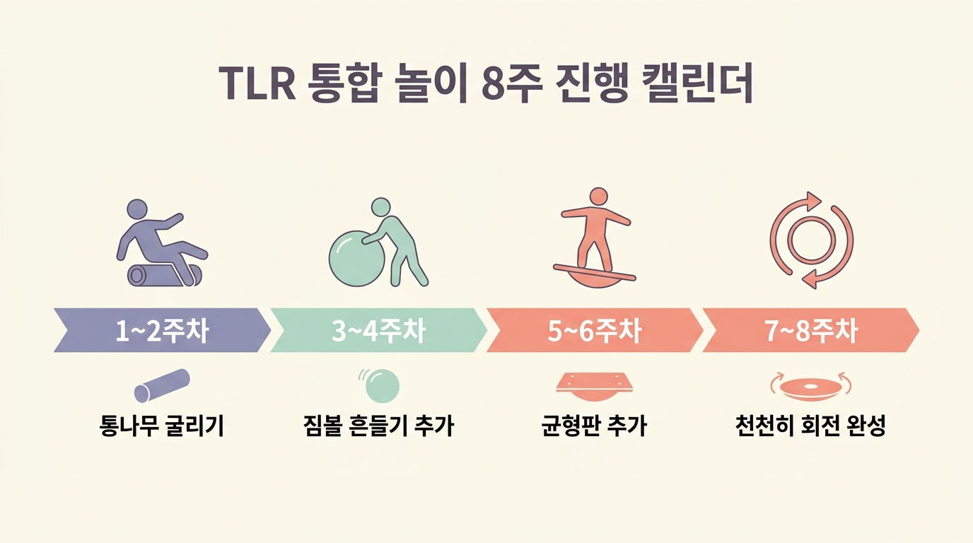 TLR 통합 8주 진행 캘린더 주차별 통나무 굴리기 짐볼 베개 균형판 회전 단계별 체크포인트 한글 라벨 일정표 인포그래픽