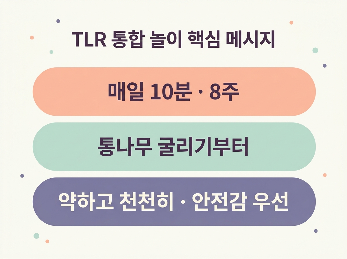 TLR 통합 놀이 핵심 메시지 매일 10분 8주 통나무 굴리기부터 시작 안전감 우선 약하고 천천히 한글 라벨 요약 인포그래픽