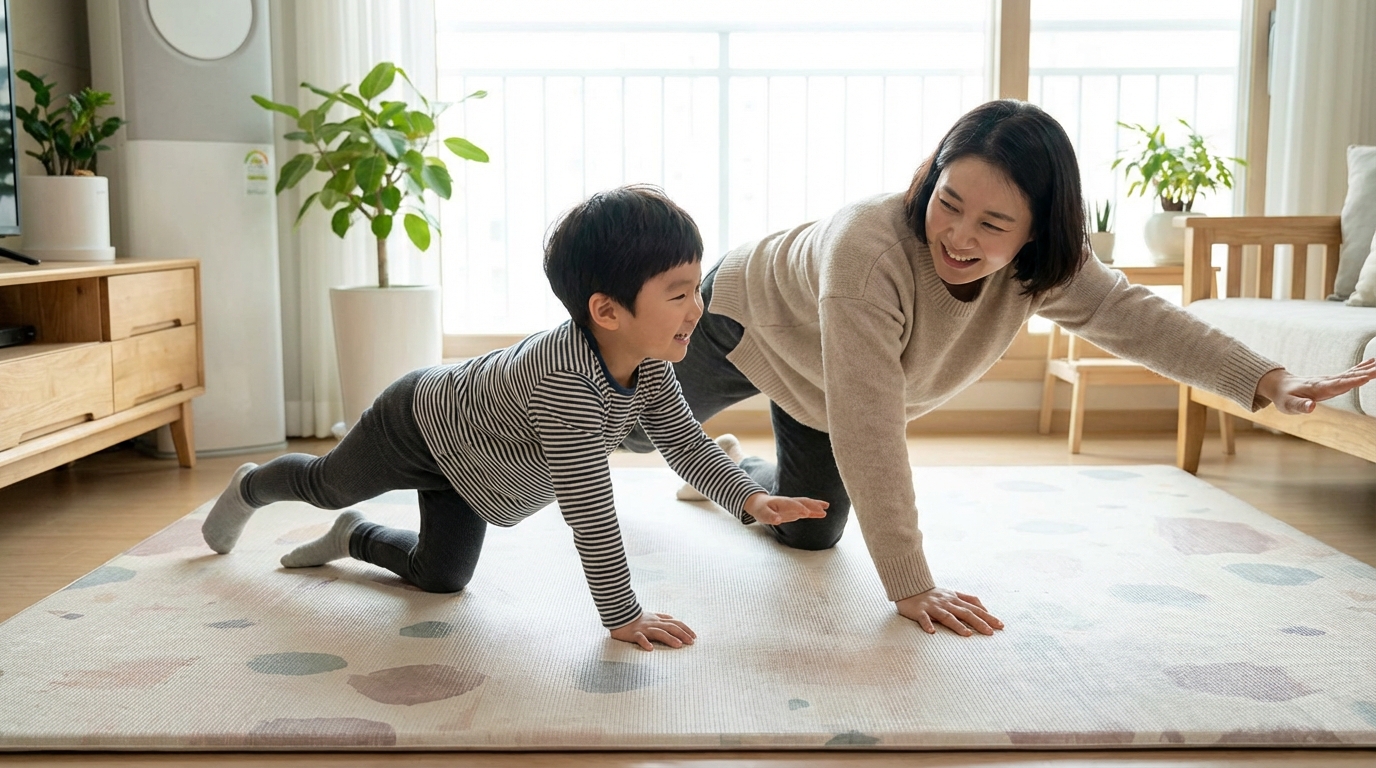 엄마와 함께 크로스 크롤링하는 한국인 아이
