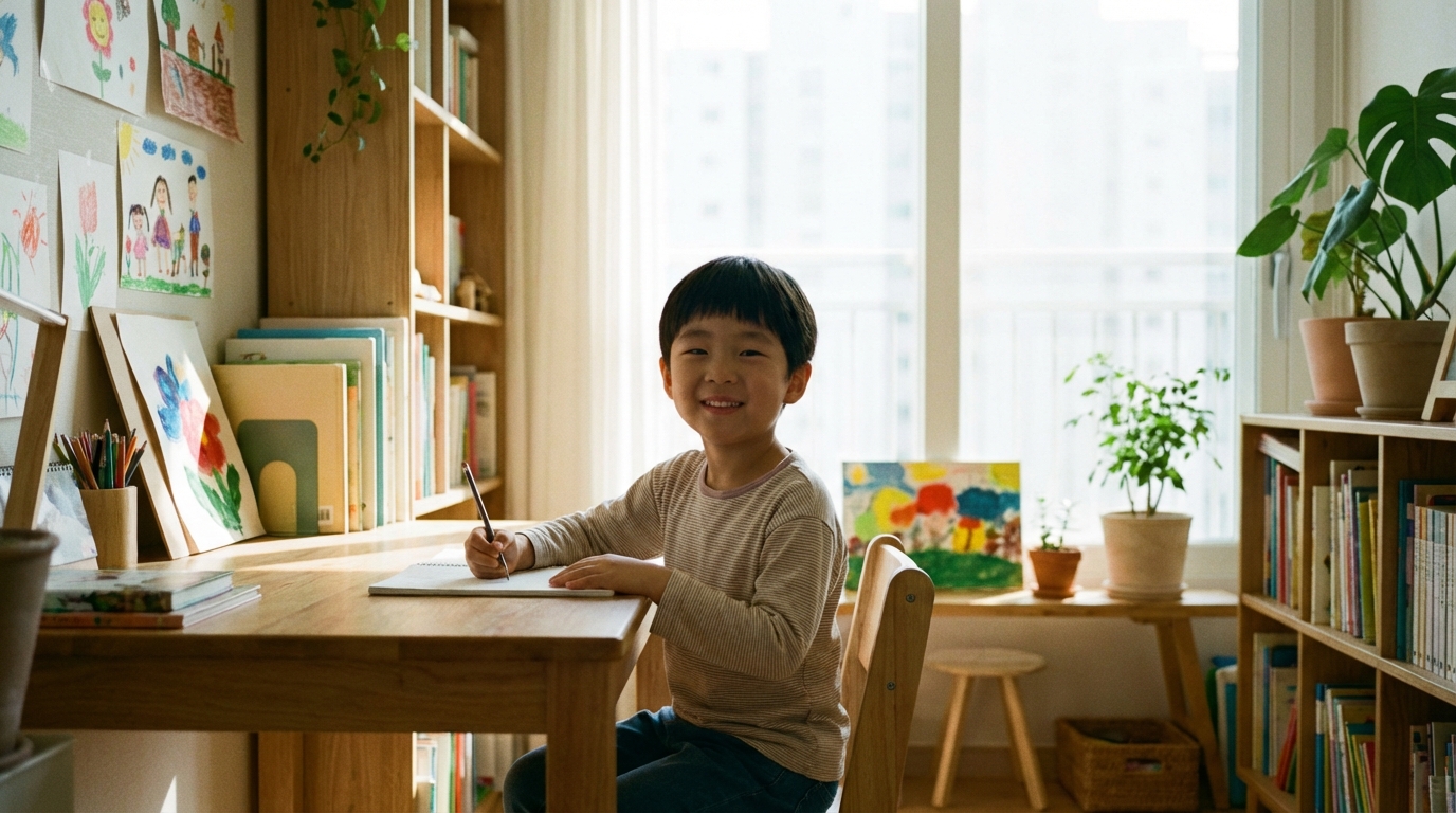 바른 자세로 글씨를 쓰는 한국인 아이