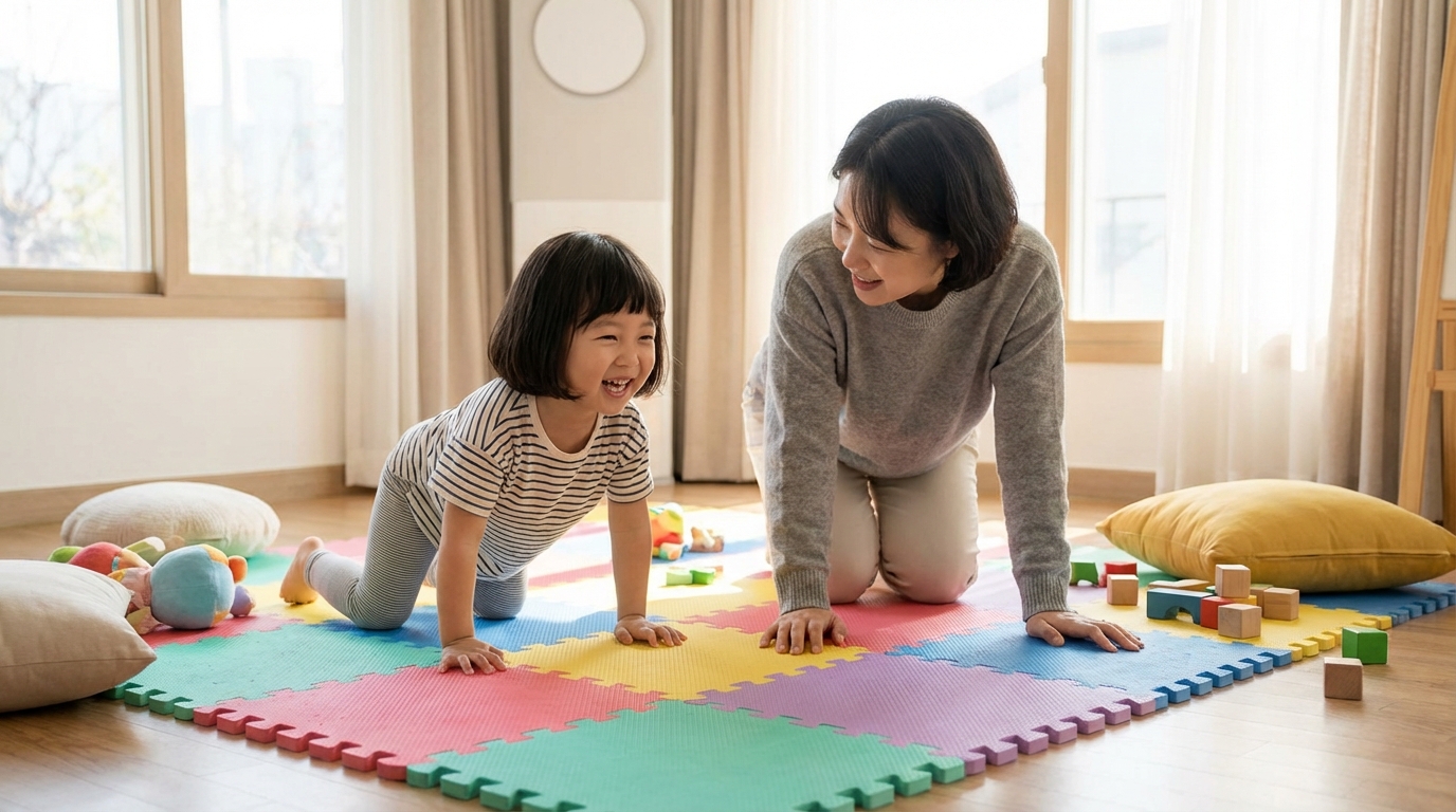교차 기어가기를 하는 아이와 부모