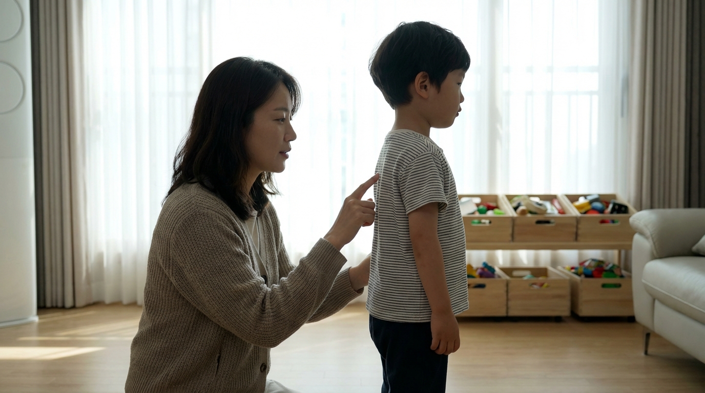 아이의 등을 확인하는 엄마