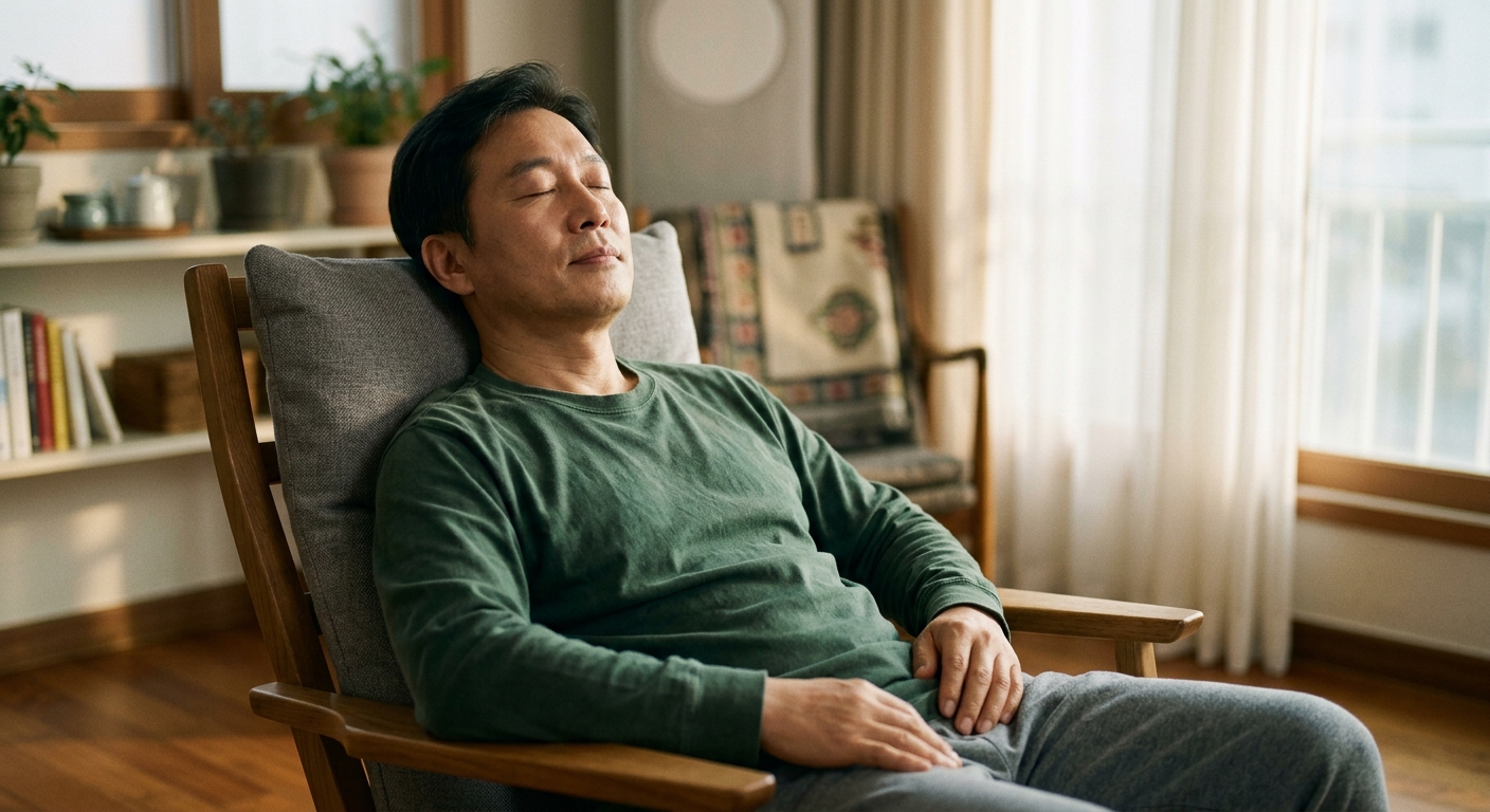 편안하게 허밍을 하는 한국인 남성