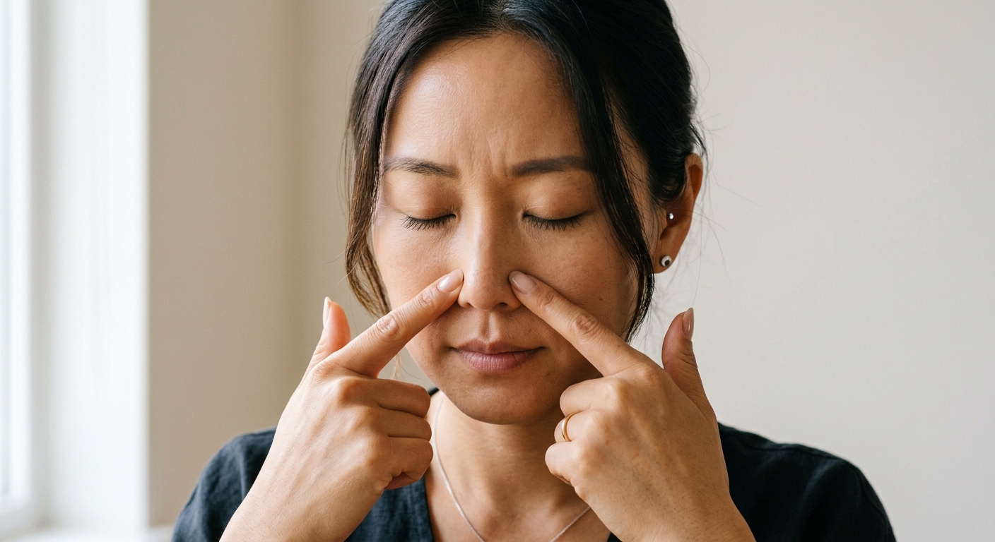 코 옆 지압점을 누르는 한국인 여성