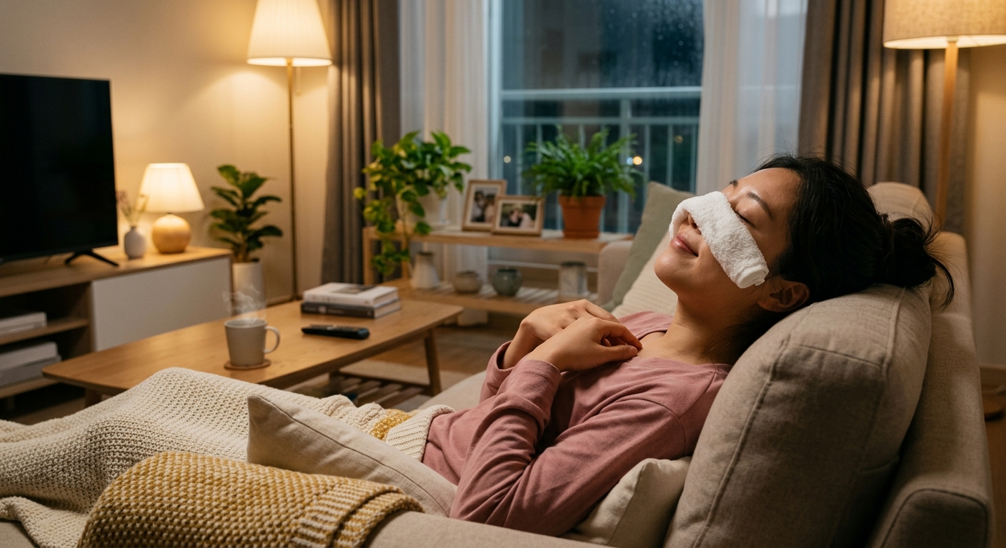 코 위에 따뜻한 수건을 올린 한국인 여성