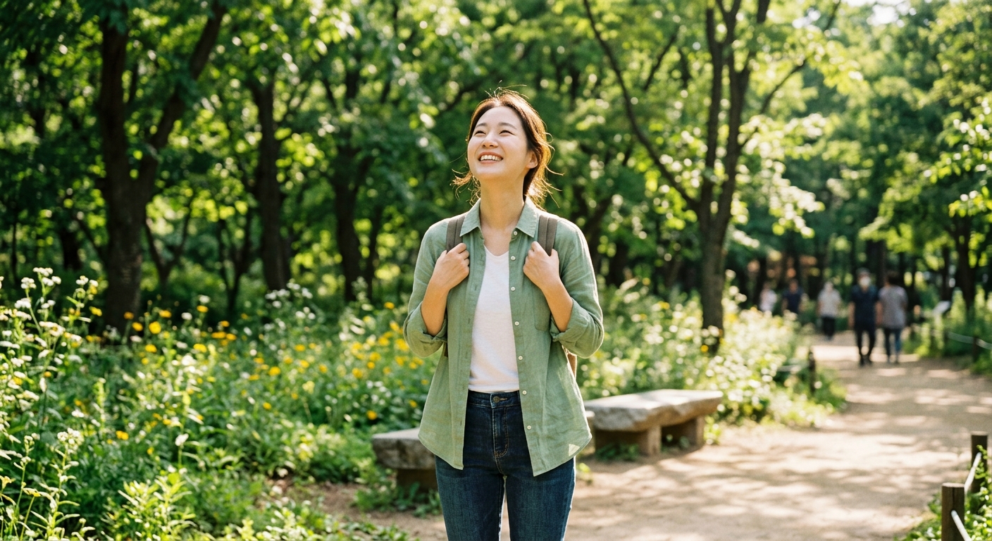 맑은 공기를 마시며 코호흡을 하는 한국인 여성