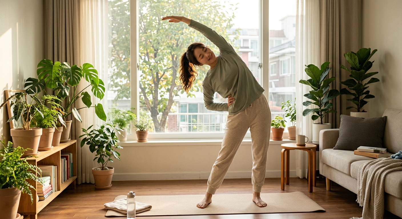 아침 스트레칭을 하는 한국인 여성