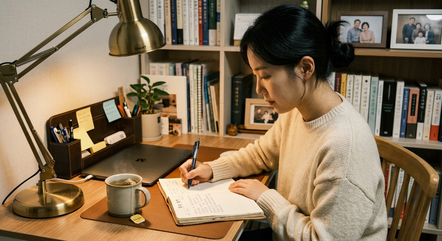증상 기록지를 작성하는 한국인 여성