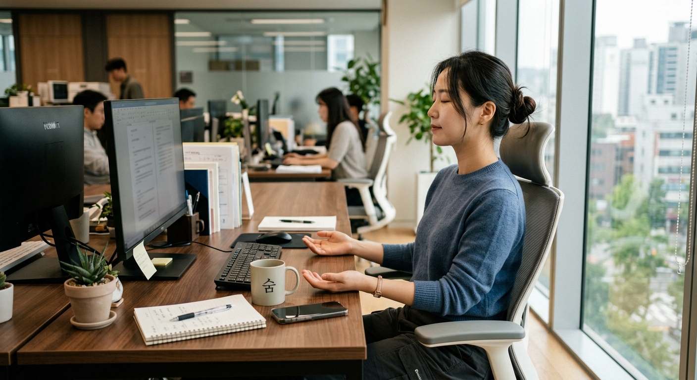 사무실에서 호흡 휴식을 취하는 한국인 직장인
