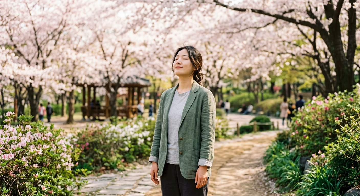공원에서 깊게 코호흡을 하는 한국인 여성