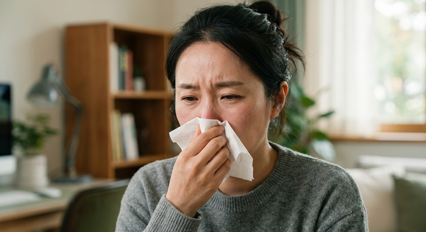 코를 풀고 있는 한국인 여성