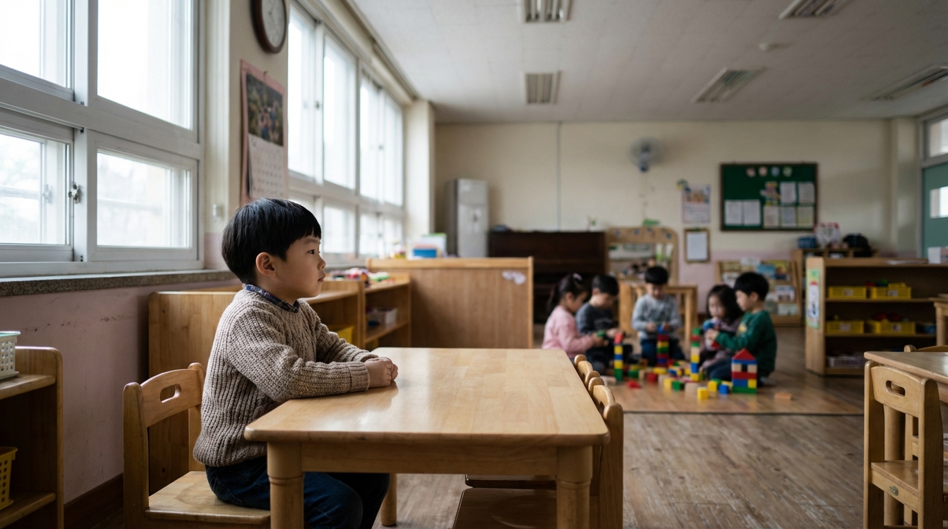 교실에서 혼자 조용히 관찰하는 아이