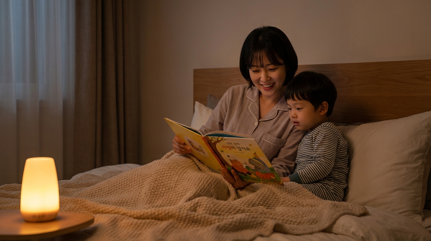 잠자리에서 아이에게 그림책을 읽어주는 엄마