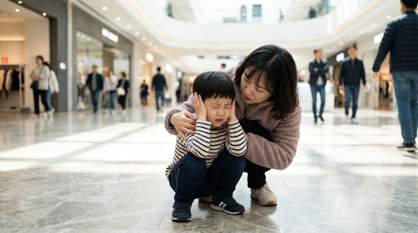 쇼핑몰에서 감각 과부하를 겪는 아이와 위로하는 부모