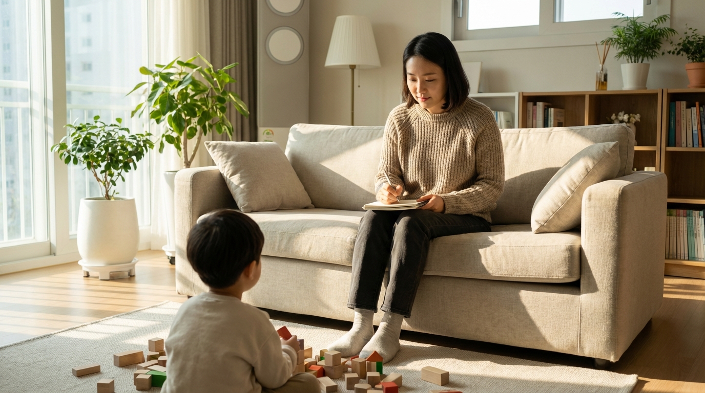 아이를 관찰하며 기록하는 엄마