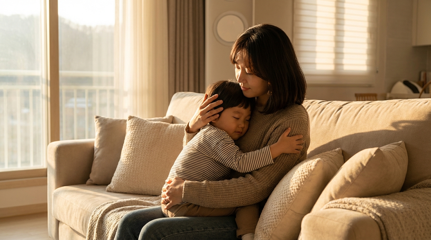 엄마 품에 안겨 안정을 찾는 아이