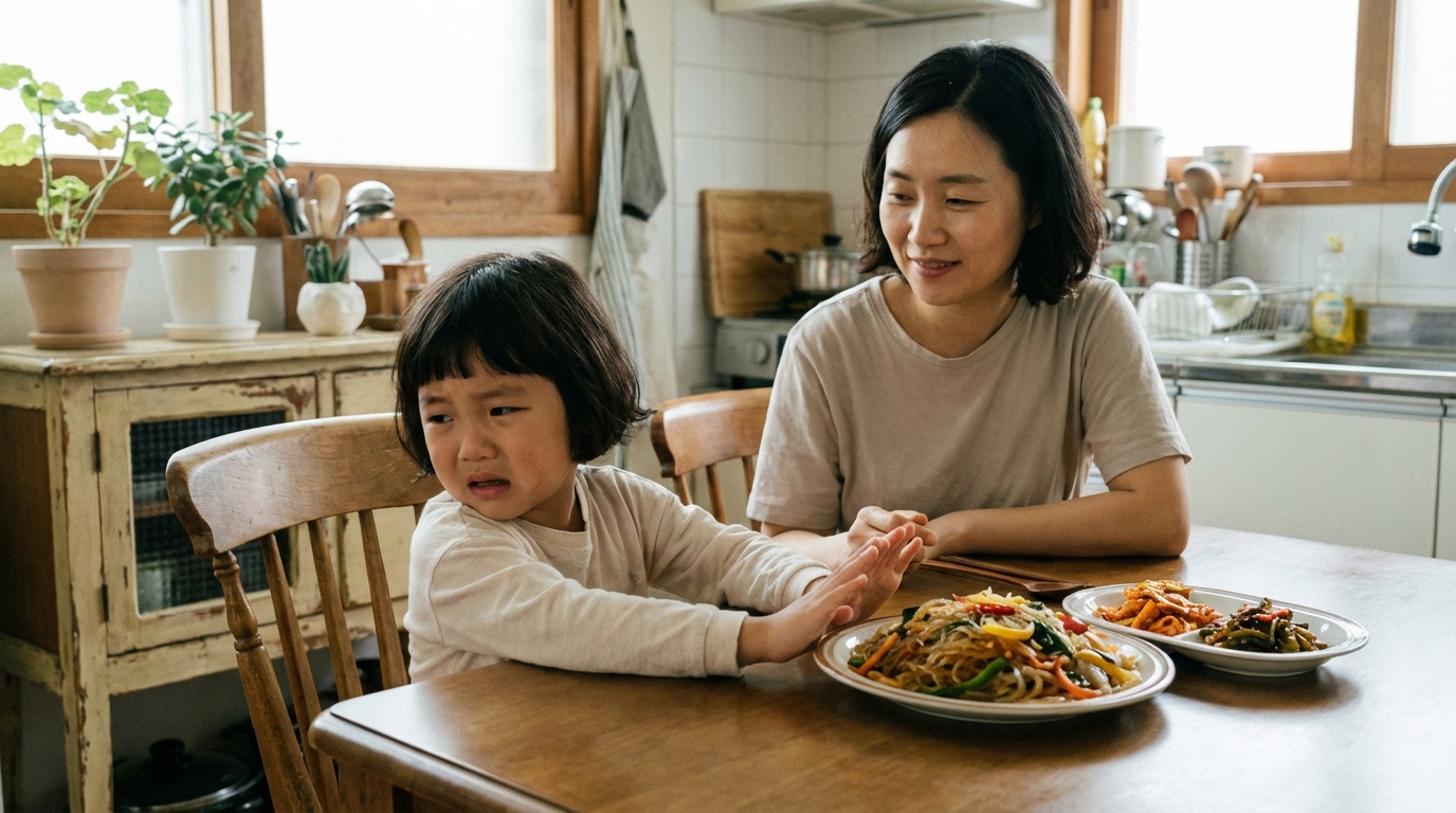 음식을 밀어내는 아이와 지켜보는 엄마