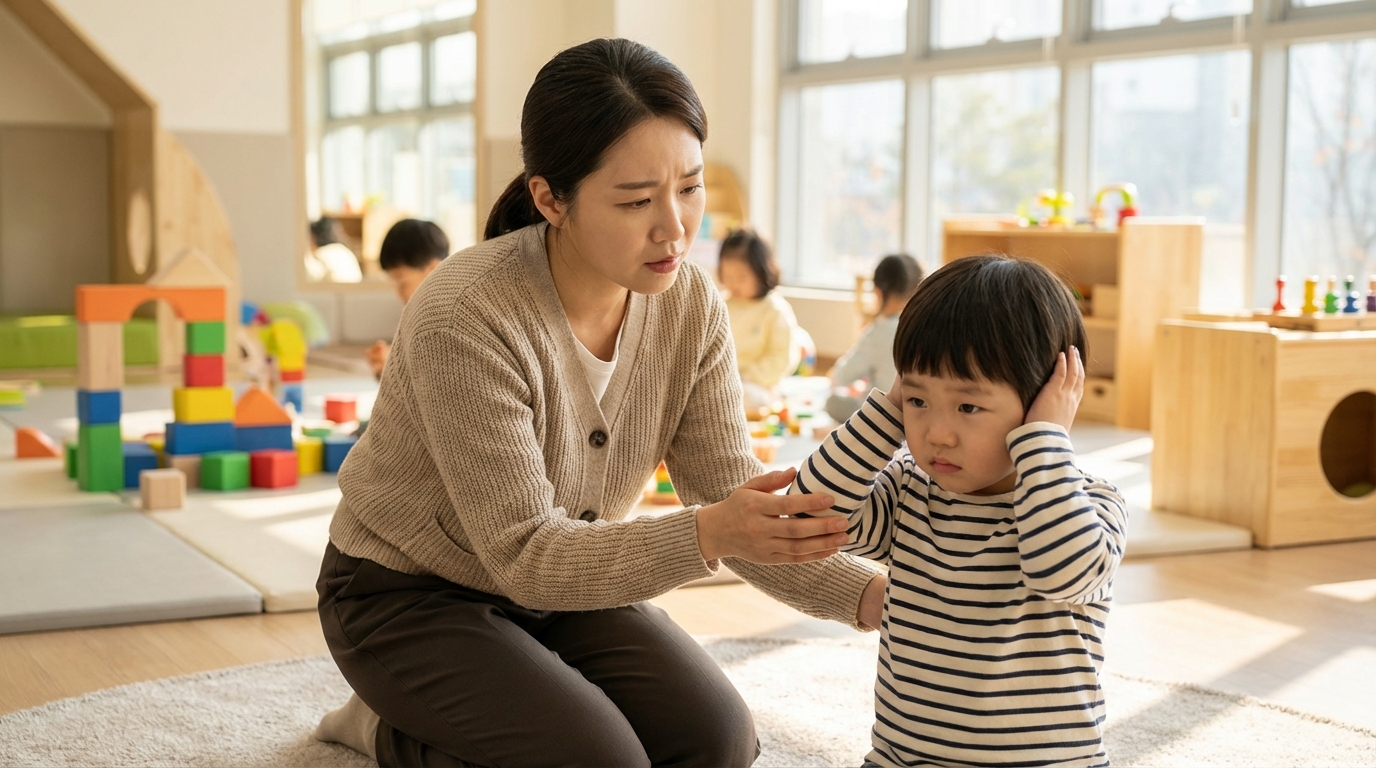 귀를 막는 아이를 걱정스럽게 바라보는 엄마