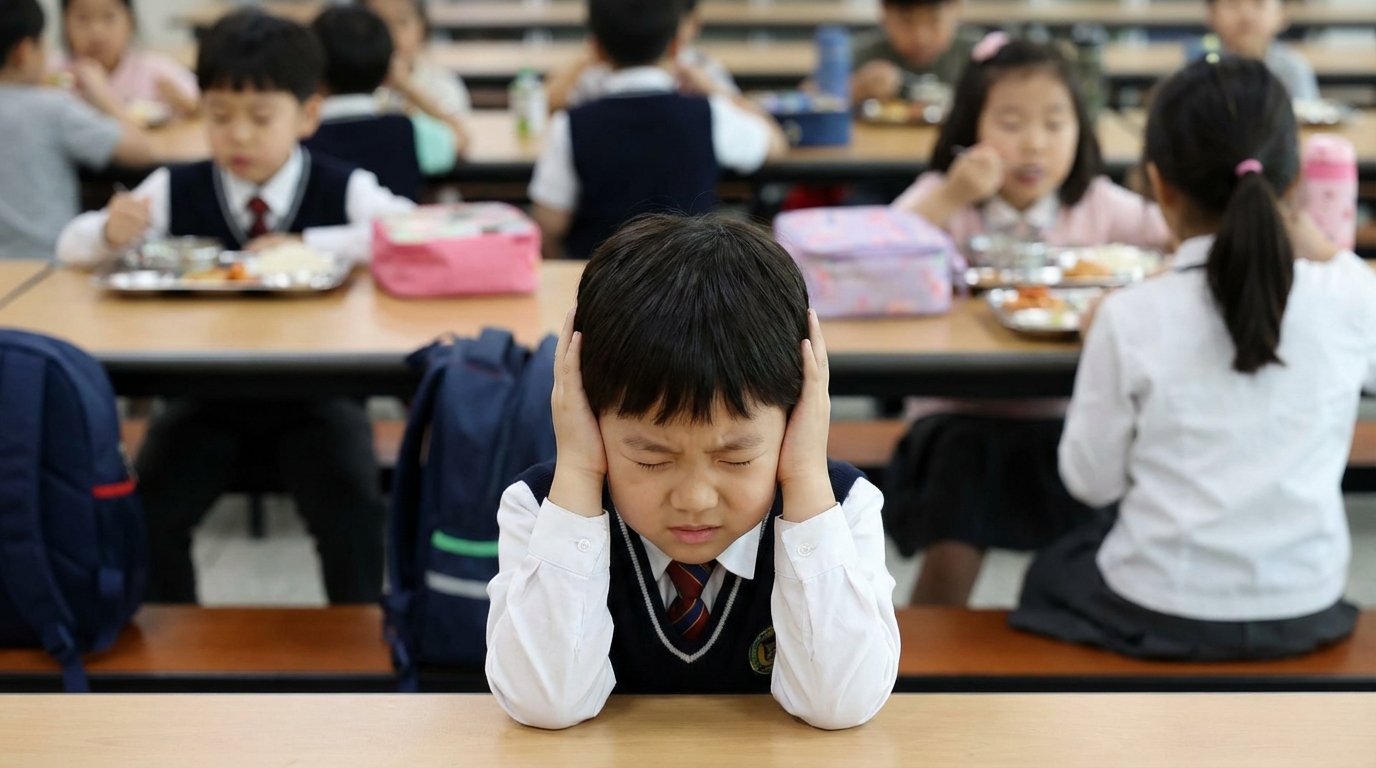 급식실에서 귀를 막고 있는 아이