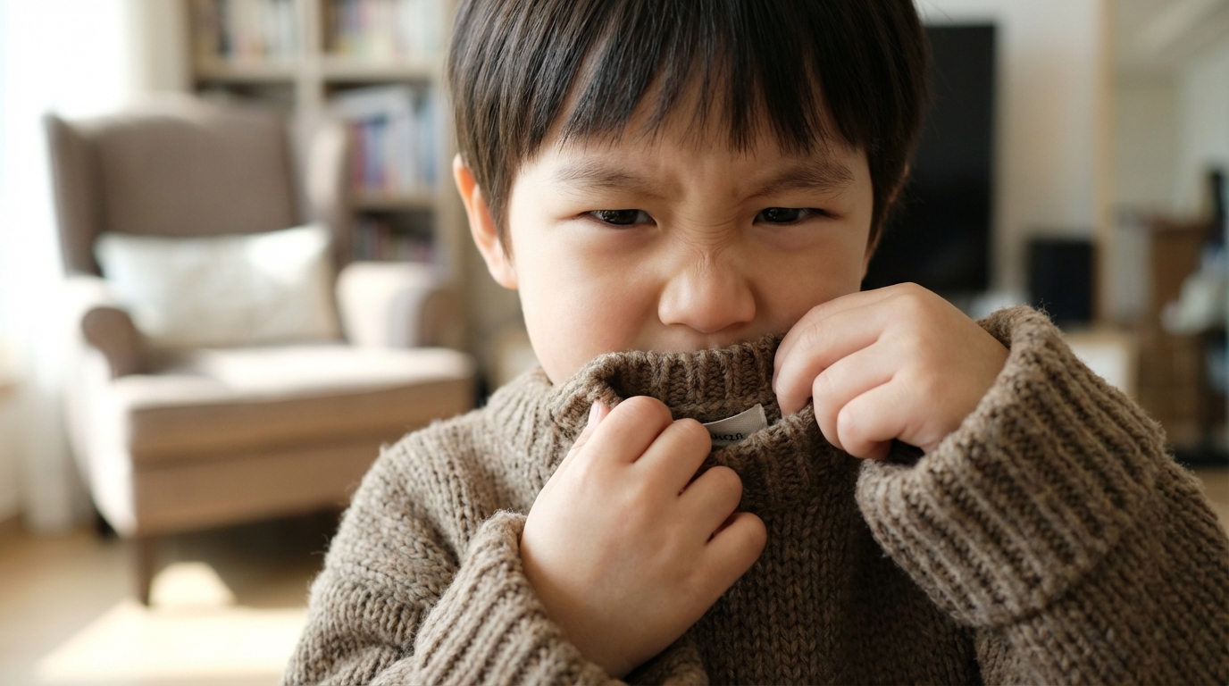 옷 태그를 불편해하며 잡아당기는 아이