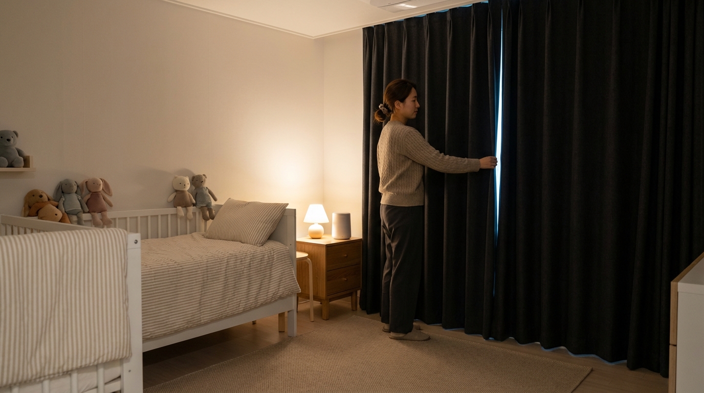 아이 방에 암막 커튼을 치는 엄마