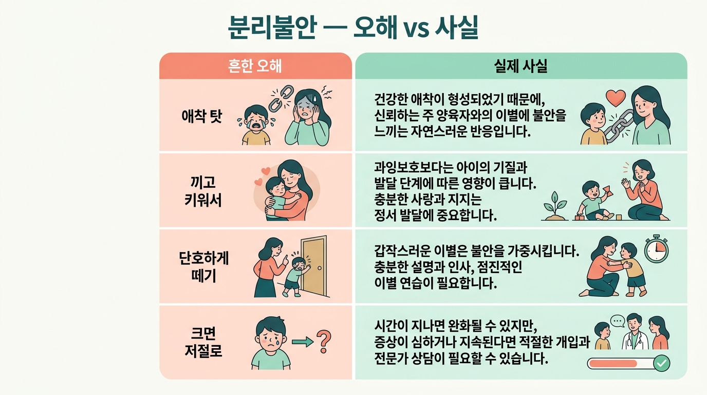 분리불안에 대한 흔한 오해 네 가지와 신경계 관점의 실제 사실을 좌우로 나눠 비교한 인포그래픽