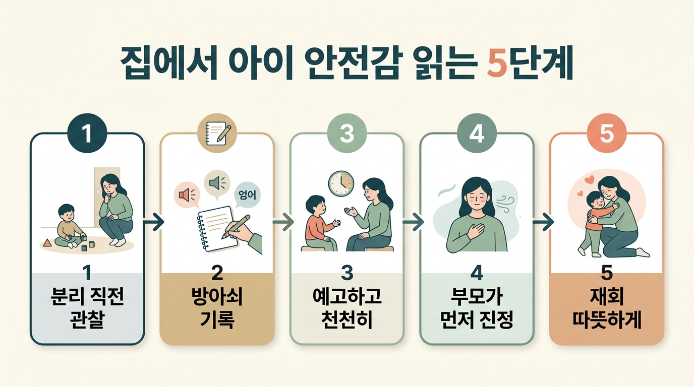 분리 직전 관찰 방아쇠 기록 예고하기 부모 진정 재회 챙기기로 이어지는 집에서 아이 안전감 읽는 5단계 플로우 차트