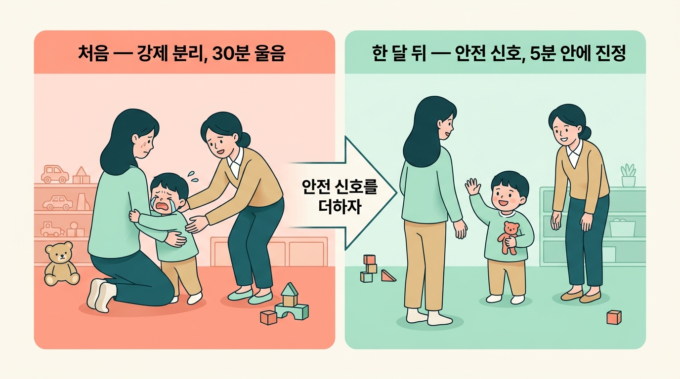 강제 분리로 울음이 심해지던 처음과 안전 신호를 더해 등원 울음이 줄어든 한 달 뒤를 비교한 전후 인포그래픽